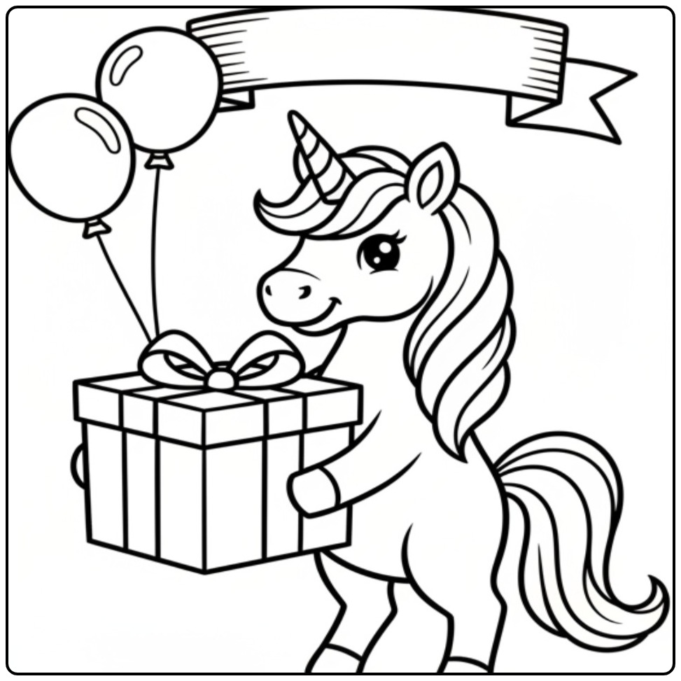 Een vrolijke kleurplaat unicorn verjaardag met een groot cadeau.
