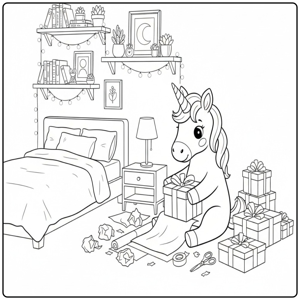 Een schattige kleurplaat unicorn verjaardag in een slaapkamer.