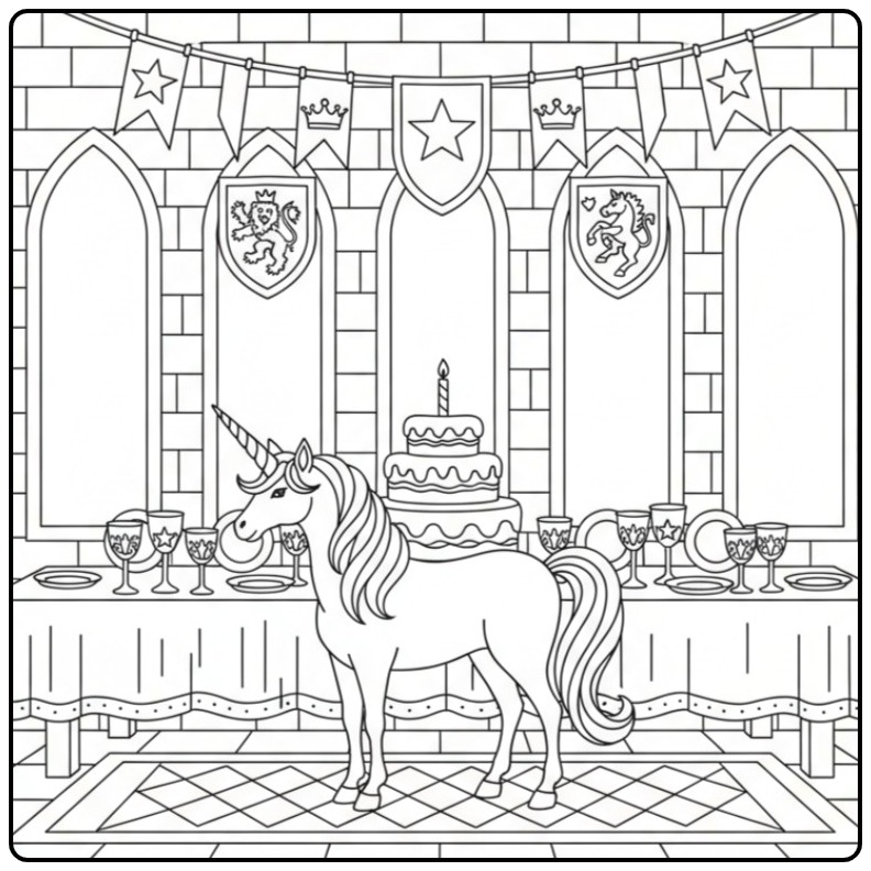Een feestelijke kleurplaat unicorn verjaardag in een kasteel.