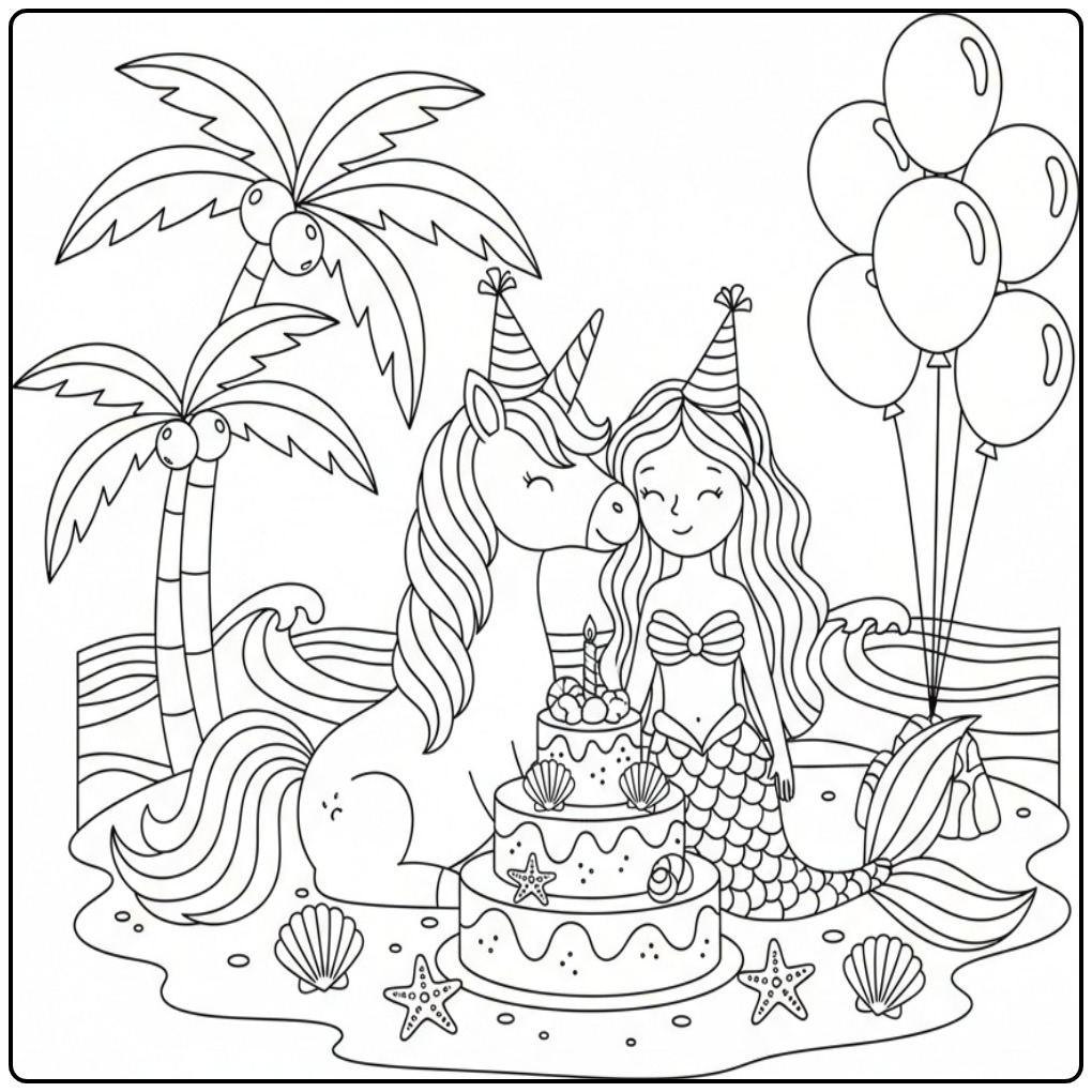 Een zeemeermin viert feest op een kleurplaat unicorn verjaardag.