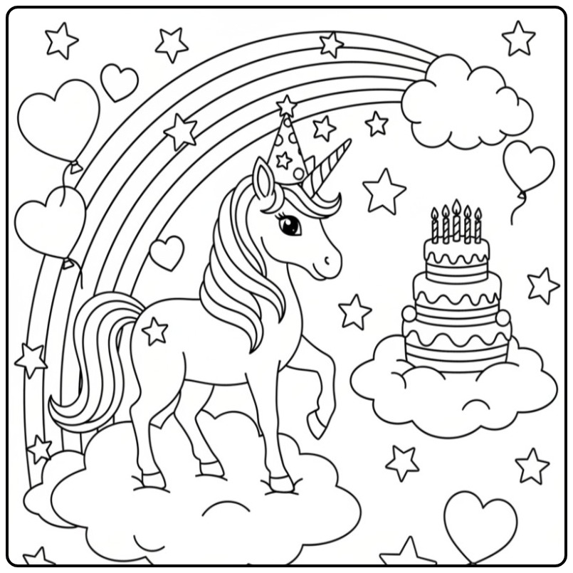 Schattige kleurplaat unicorn verjaardag met taart en regenboog.