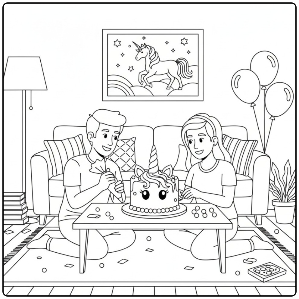 Twee vrienden met een taart op een kleurplaat unicorn verjaardag.