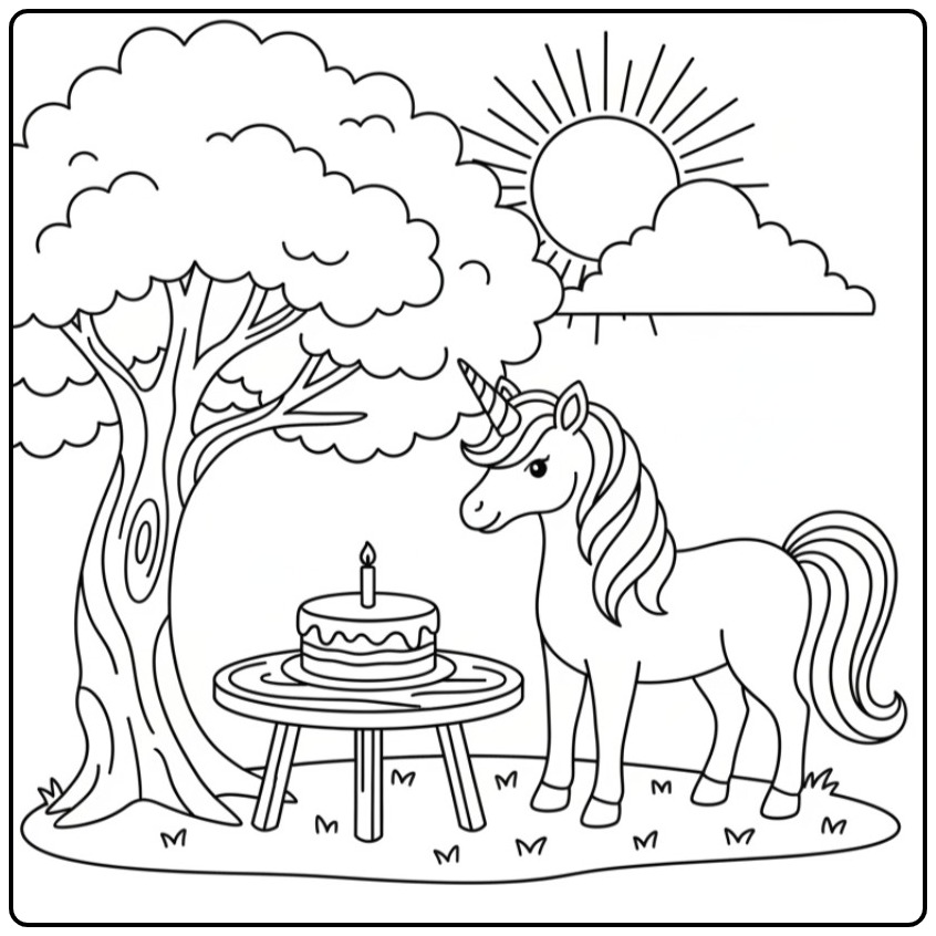 Een schattige kleurplaat unicorn verjaardag met een grote taart.