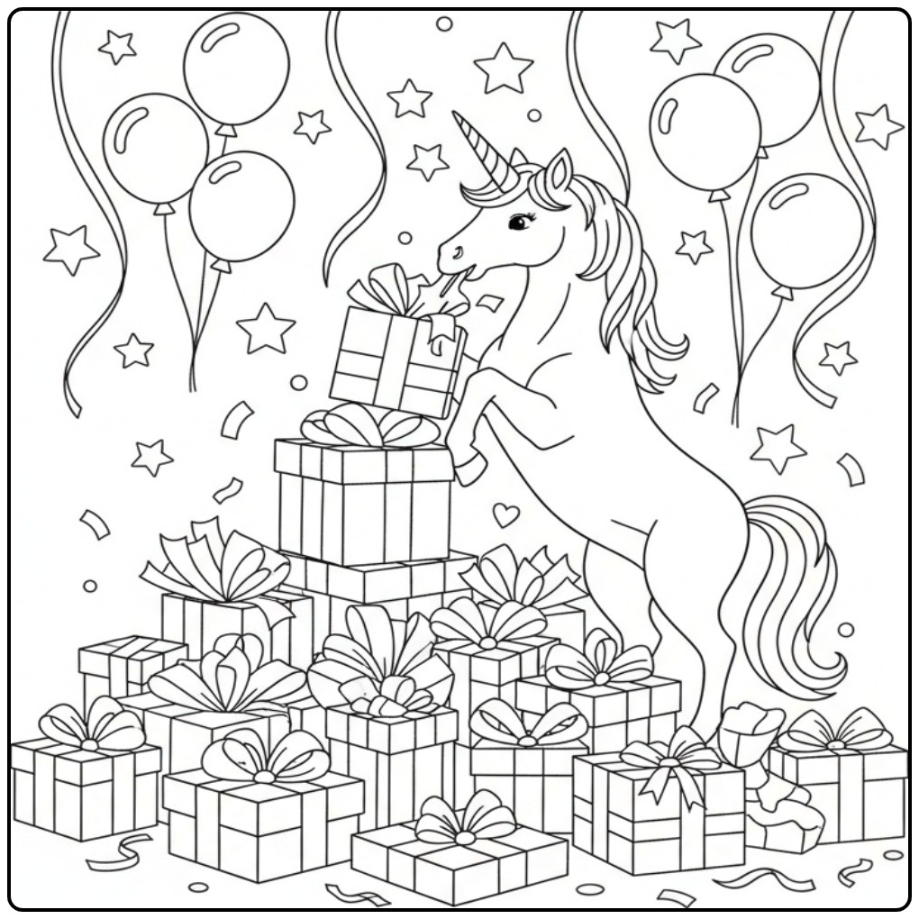 Een feestelijke kleurplaat unicorn verjaardag met veel cadeaus.