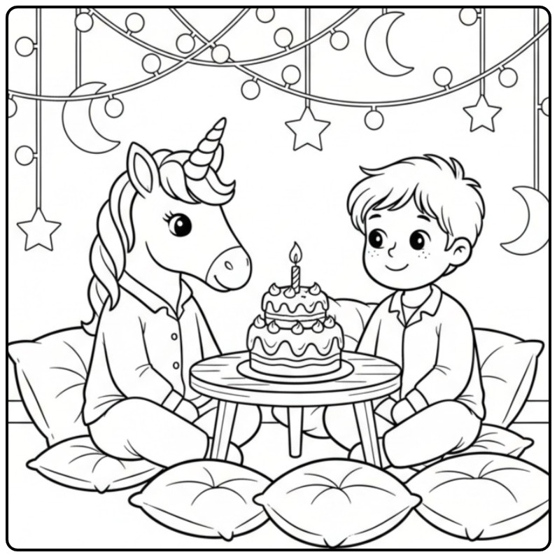 Gezellige kleurplaat unicorn verjaardag met een jongen en taart.