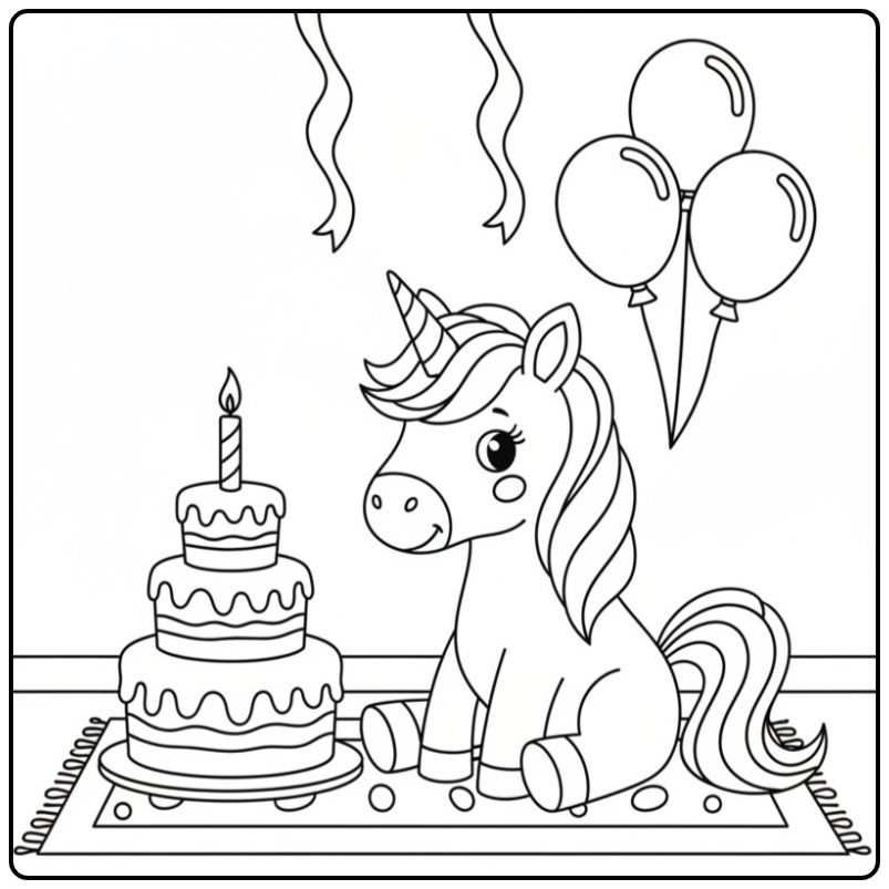 Een schattige kleurplaat unicorn verjaardag met taart en ballonnen.