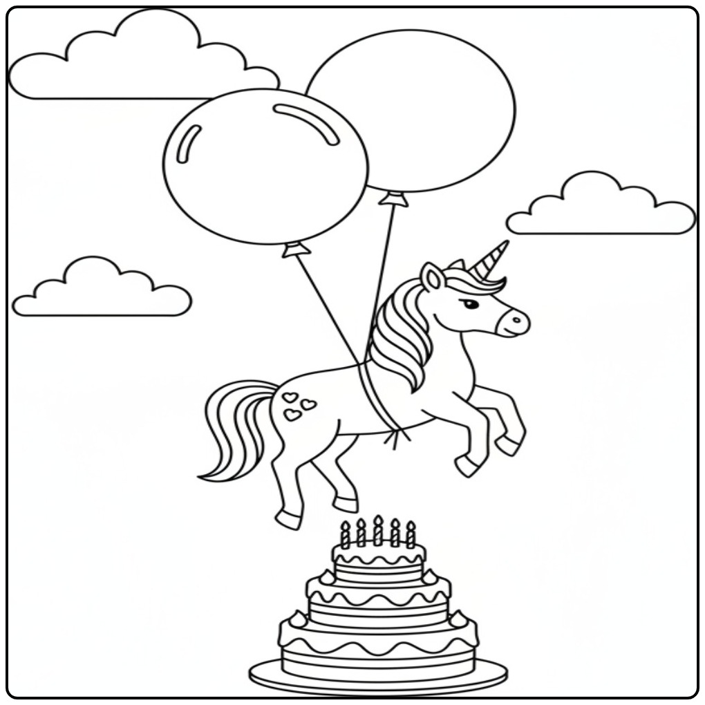 Een vrolijke kleurplaat unicorn verjaardag met ballonnen en taart.
