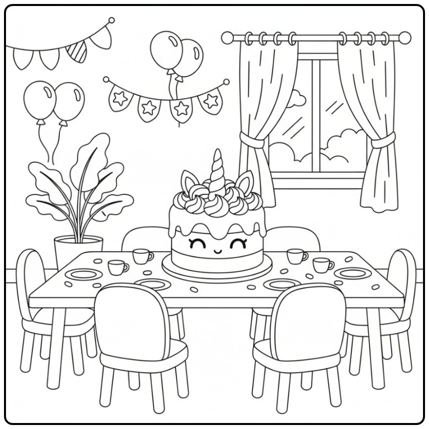 Gedekte feesttafel met een Kleurplaat unicorn verjaardags taart.