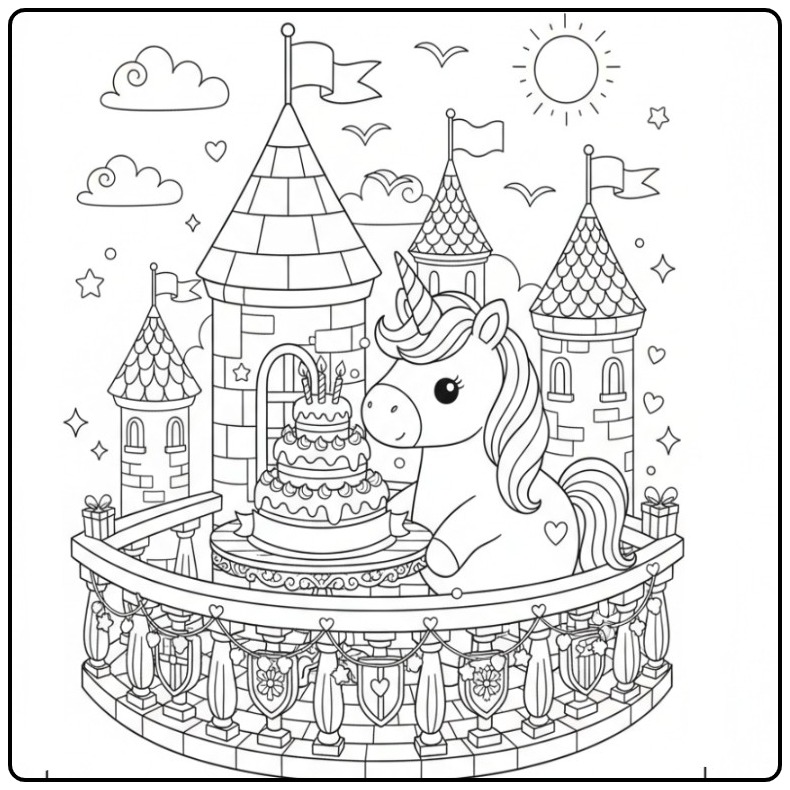 Kleurplaat unicorn verjaardagstaart in een kasteel op een balkon.