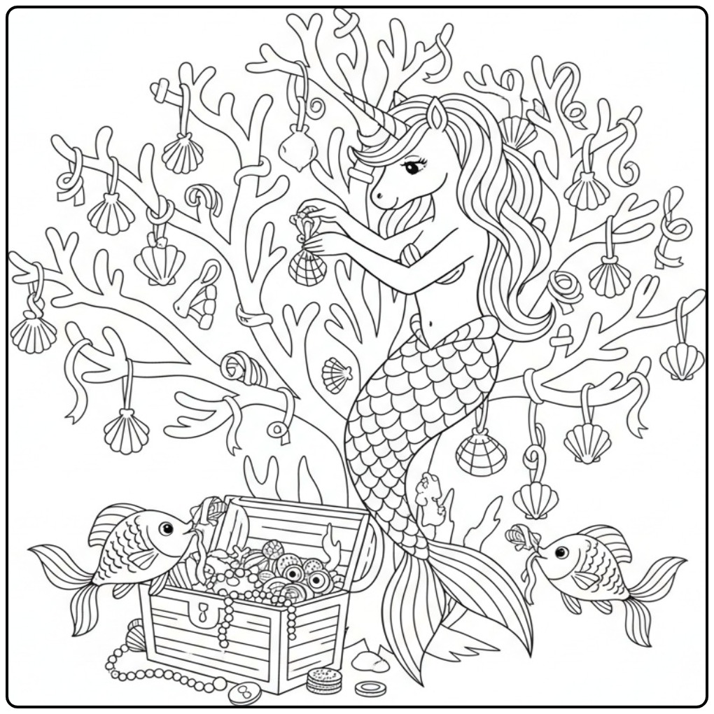 Leuke kleurplaat unicorn zeemeermin die koraal versiert.