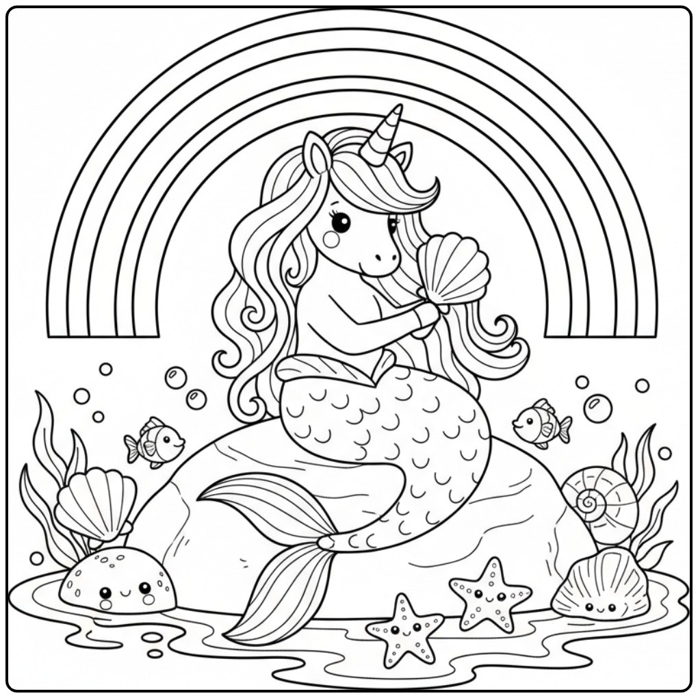 Schattige Kleurplaat unicorn zeemeermin en regenboog op een rots.