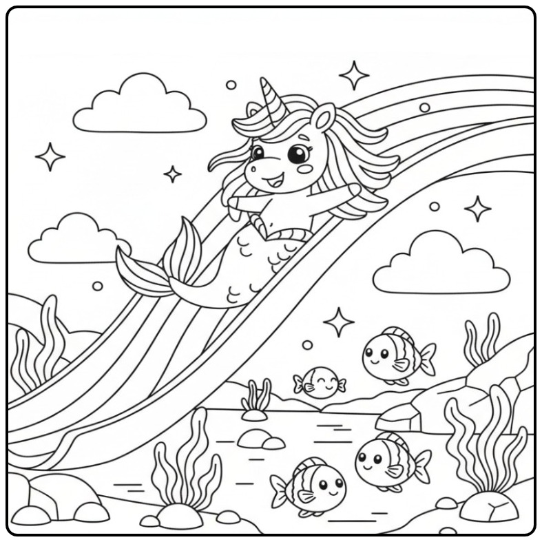 Kleurplaat unicorn zeemeermin en regenboog die in het water glijdt.