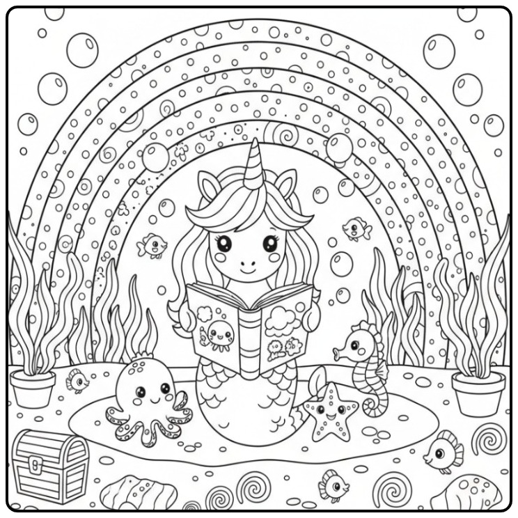 Lezende Kleurplaat unicorn zeemeermin en regenboog onder water.