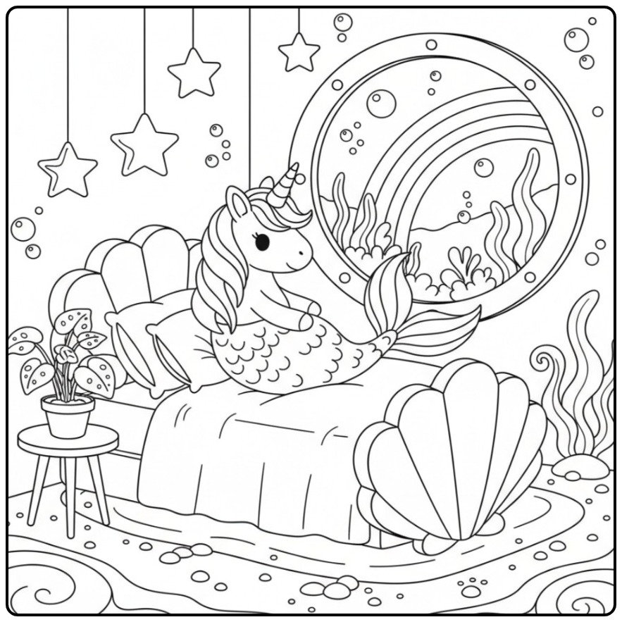Leuke Kleurplaat unicorn zeemeermin en regenboog in een bed.