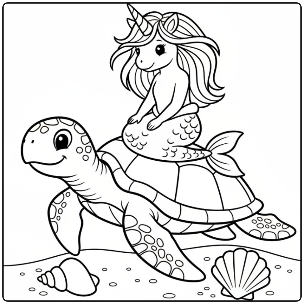 Een schattige kleurplaat unicorn zeemeermin op een zeeschildpad.