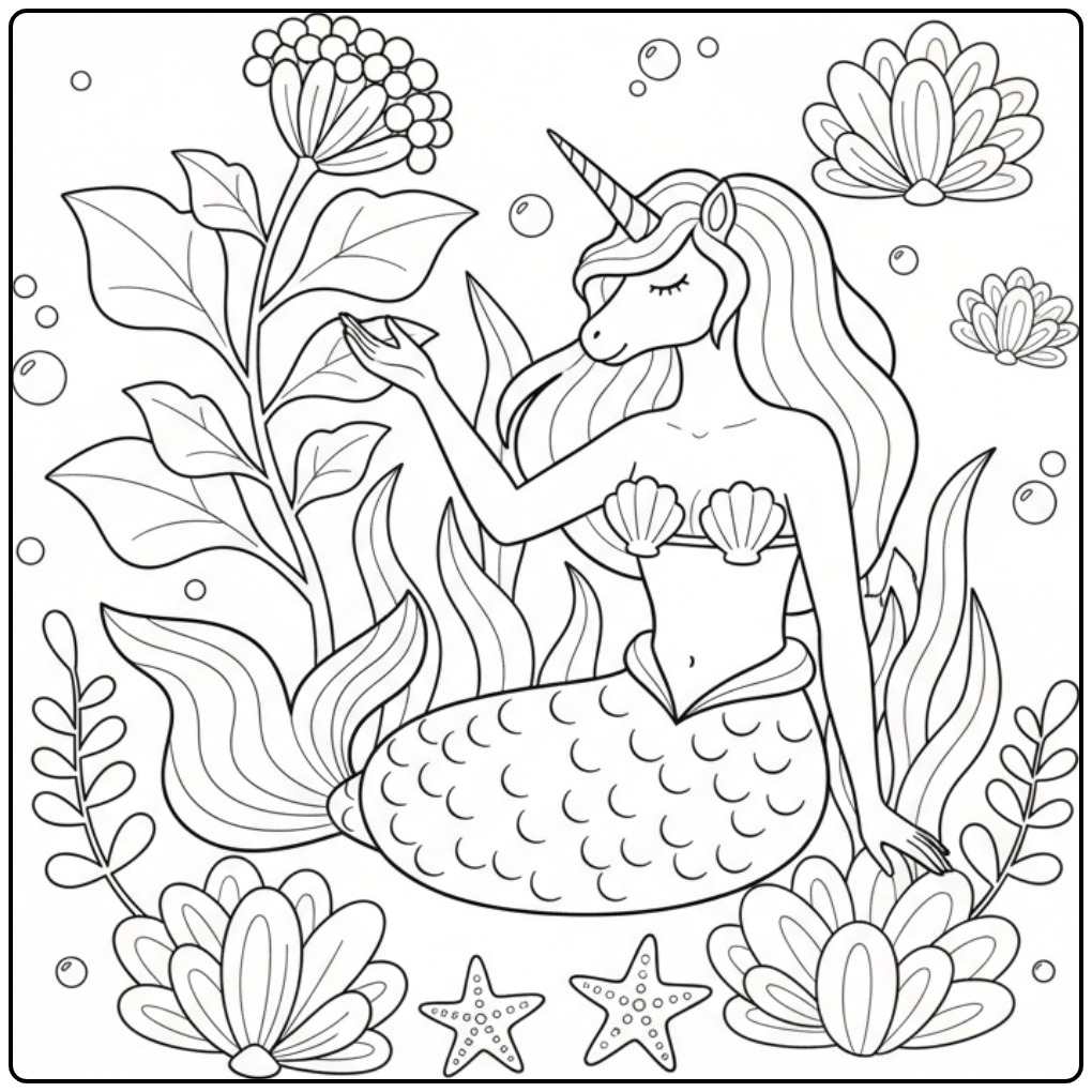 Een mooie kleurplaat unicorn zeemeermin in een onderwatertuin.