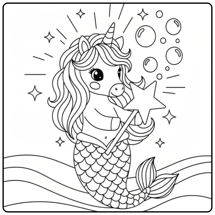 Schattige kleurplaat unicorn zeemeermin met een toverstaf.