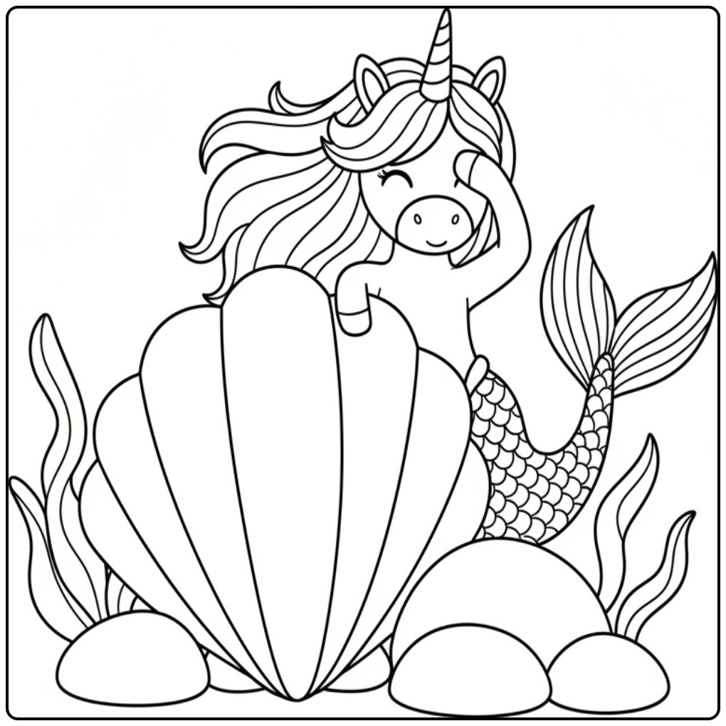 Schattige kleurplaat unicorn zeemeermin die verstoppertje speelt.