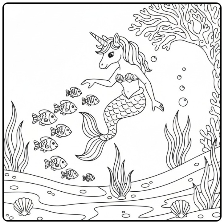 Een leuke kleurplaat unicorn zeemeermin zwemmend met visjes.