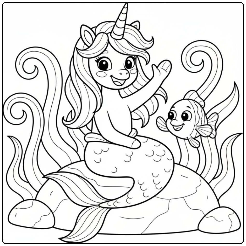 Vrolijke kleurplaat unicorn zeemeermin zittend op een rots.