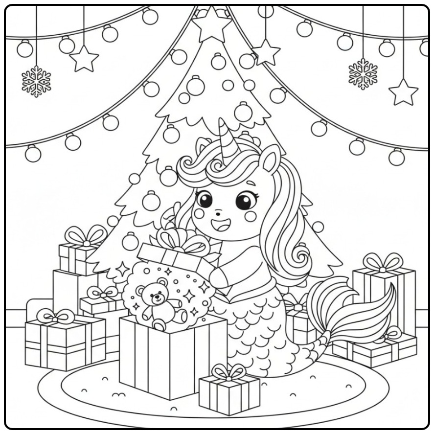 Schattige Kleurplaat unicorn zeemeermin kerst met cadeautjes.