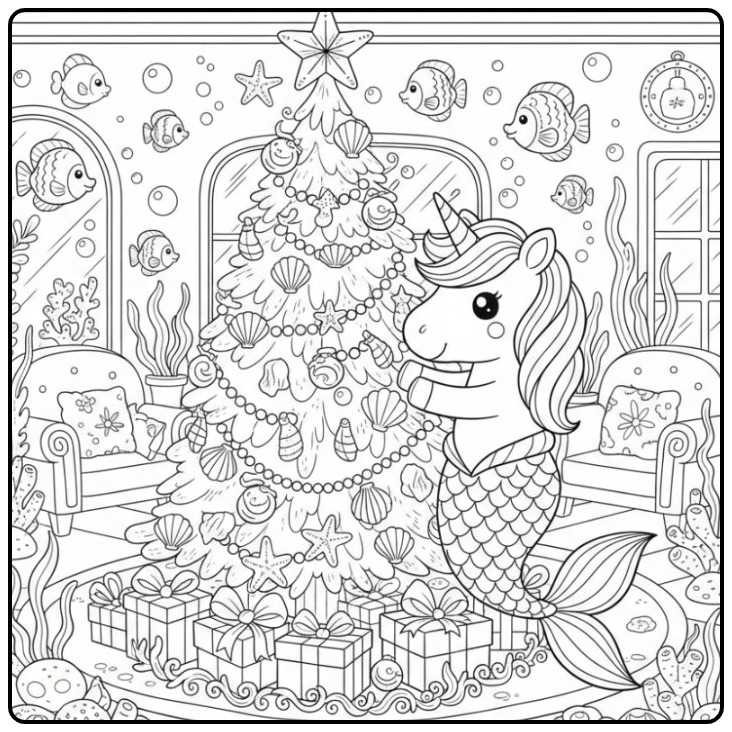Vrolijke Kleurplaat unicorn zeemeermin kerst die een boom versiert.
