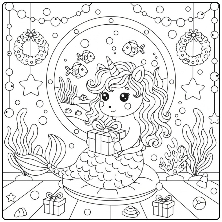 Schattige Kleurplaat unicorn zeemeermin kerst met cadeautjes.