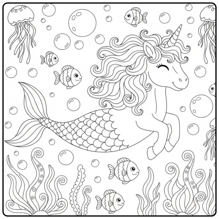 Leuke kleurplaat unicorn zeemeermin met vissen en kwallen onder water.