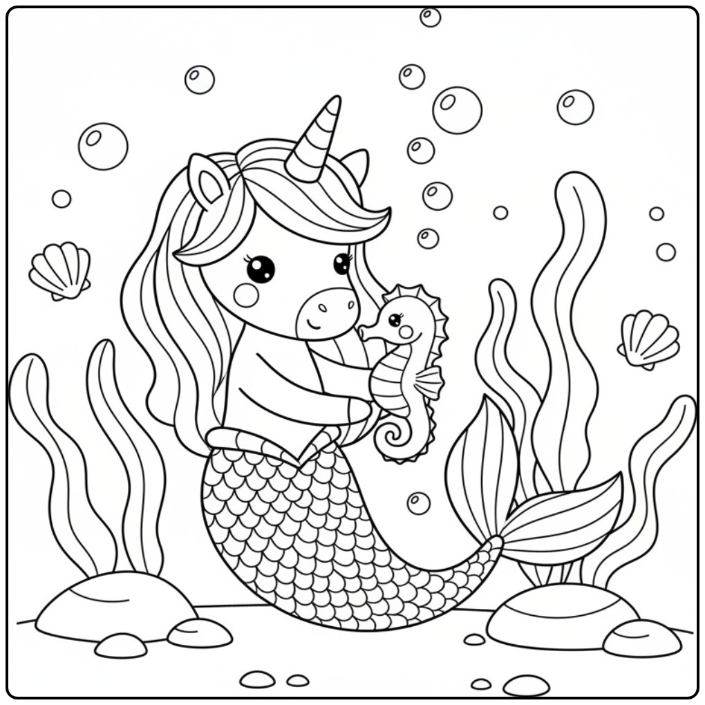 Leuke kleurplaat unicorn zeemeermin met zeepaardje onderwater