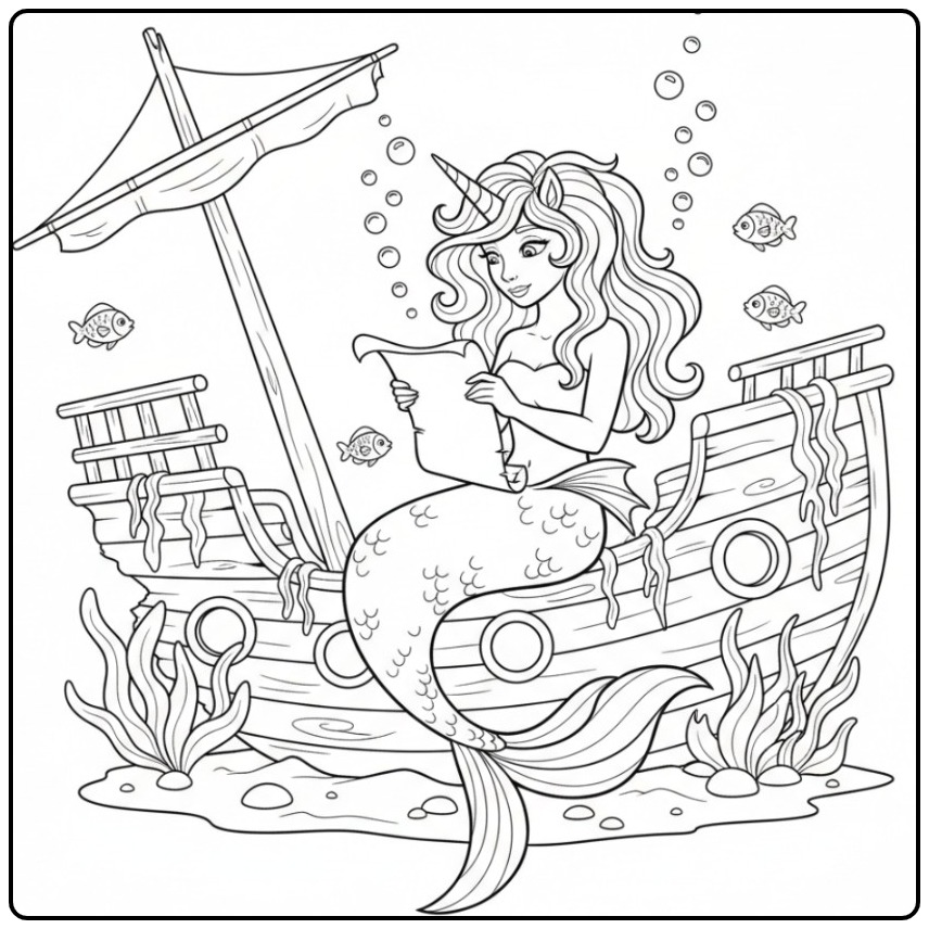 Een mooie kleurplaat unicorn zeemeermin op een oud scheepswrak.