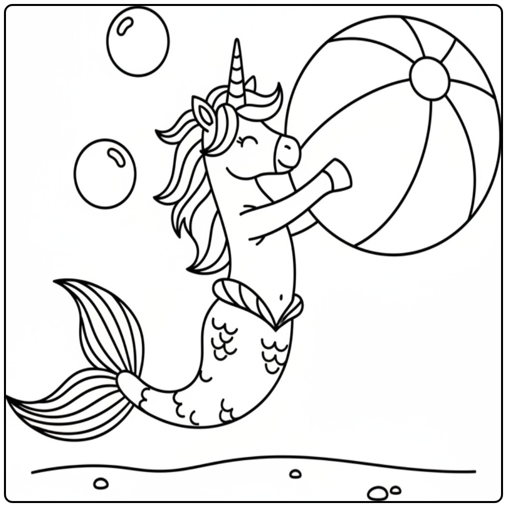 Vrolijke kleurplaat unicorn zeemeermin die met een bal speelt.