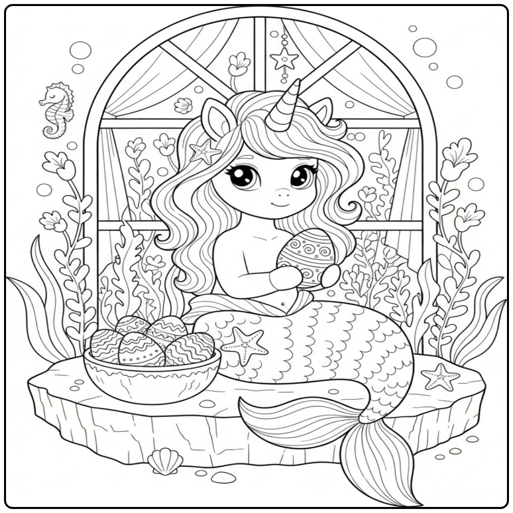 Een leuke Kleurplaat unicorn zeemeermin met eieren paas onderwater.