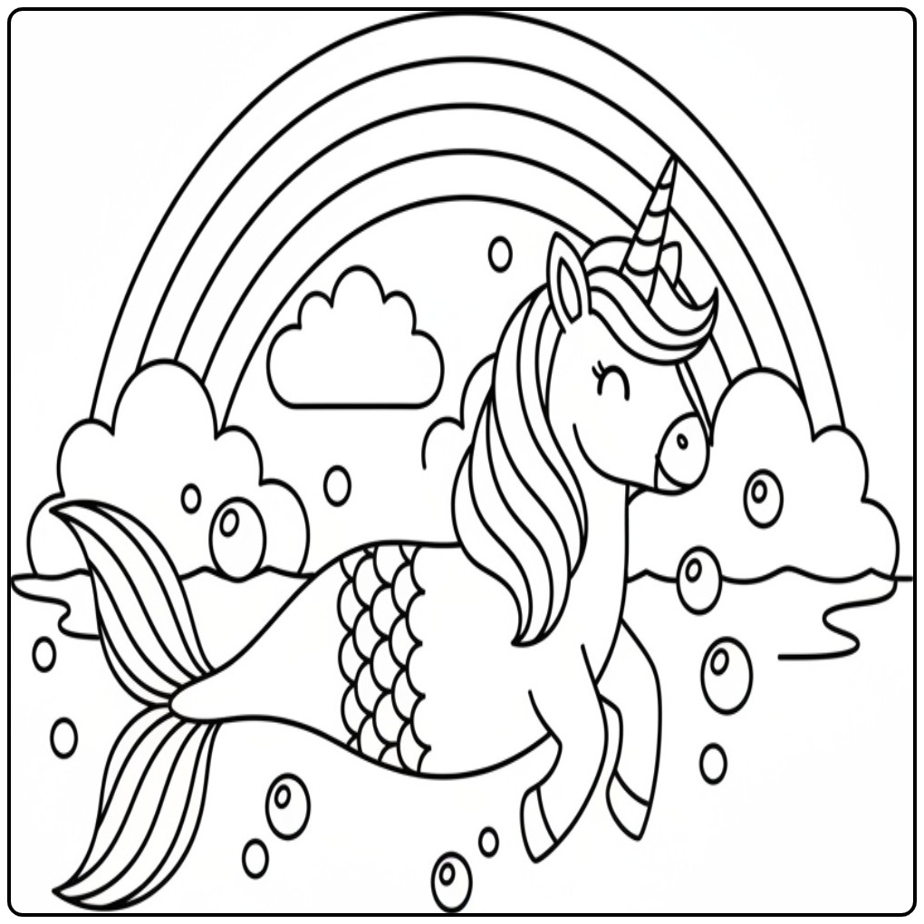 Vrolijke kleurplaat unicorn zeemeermin onder een regenboog.