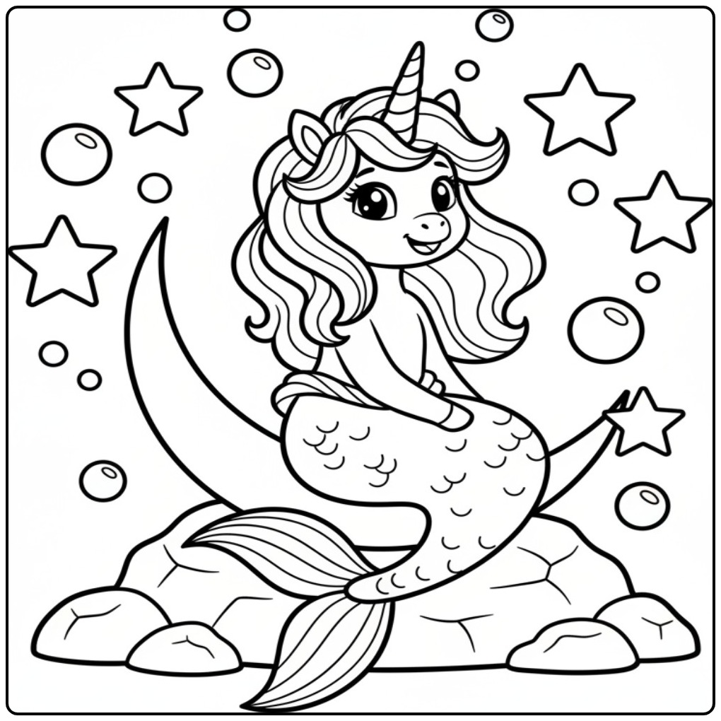 Leuke kleurplaat unicorn zeemeermin zittend op de maan.
