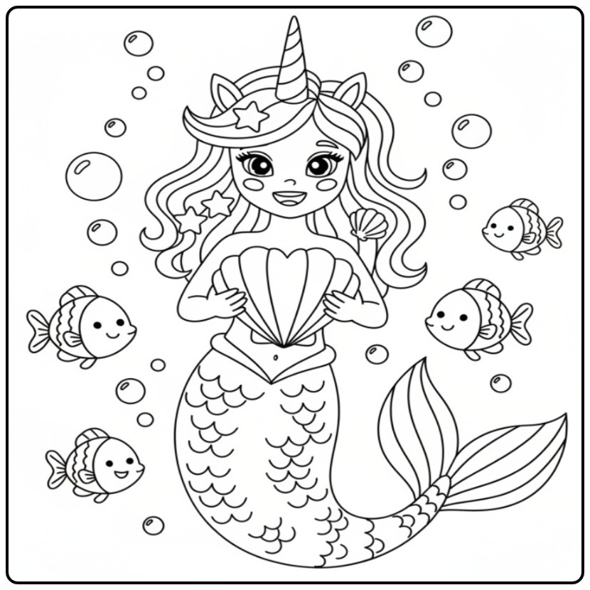 Schattige kleurplaat unicorn zeemeermin met visjes en bubbels.