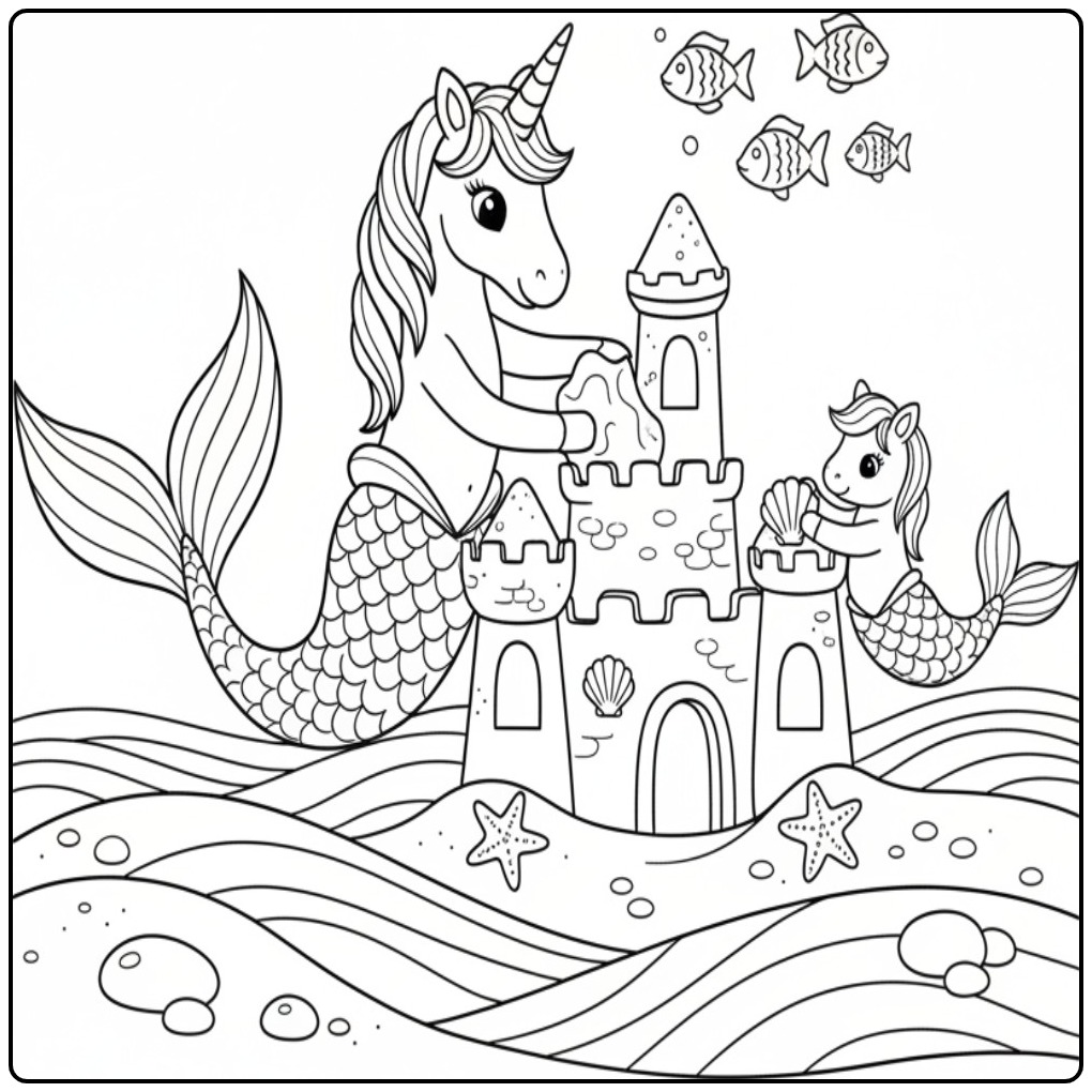 Leuke kleurplaat unicorn zeemeermin bouwend aan een zandkasteel.