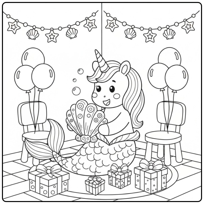 Een leuke Kleurplaat unicorn zeemeermin verjaardag met kadootjes.