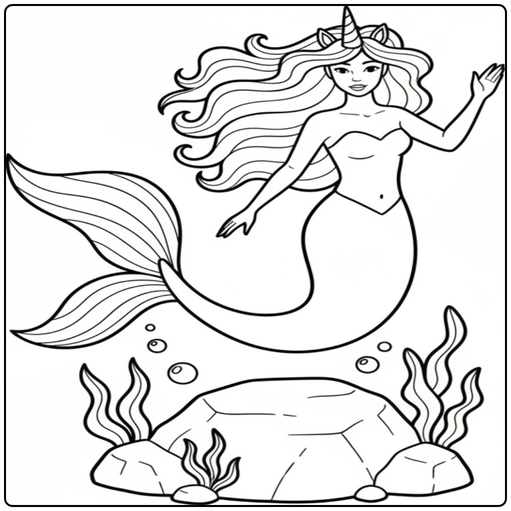 Een vrolijke kleurplaat unicorn zeemeermin die zwaait.