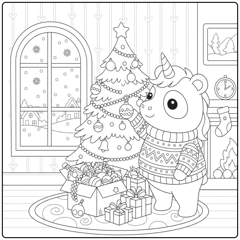 Gezellige kleurplaat unicornpanda kerst bij de kerstboom.