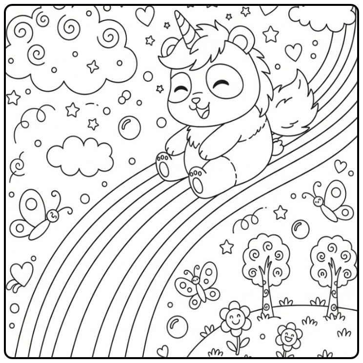 Een vrolijke kleurplaat unicornpanda regenboog glijbaan.