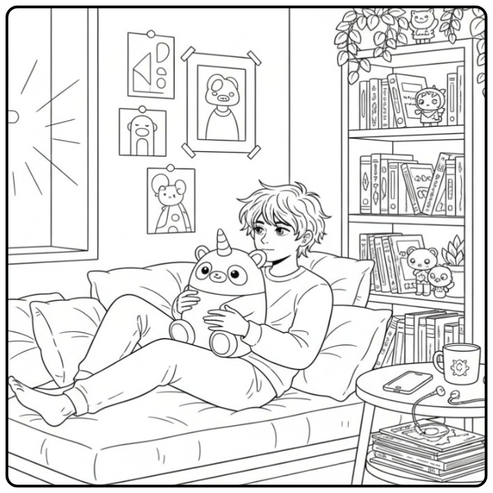 Een jongen ontspant op de bank met zijn unicorn panda kleurplaat.