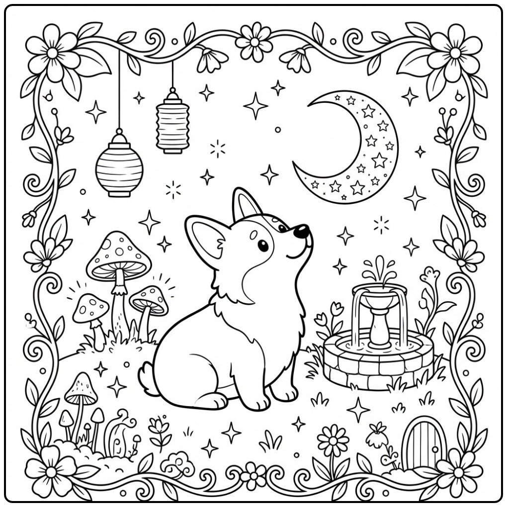 Een schattige corgi kleurplaat in een magische nachttuin.