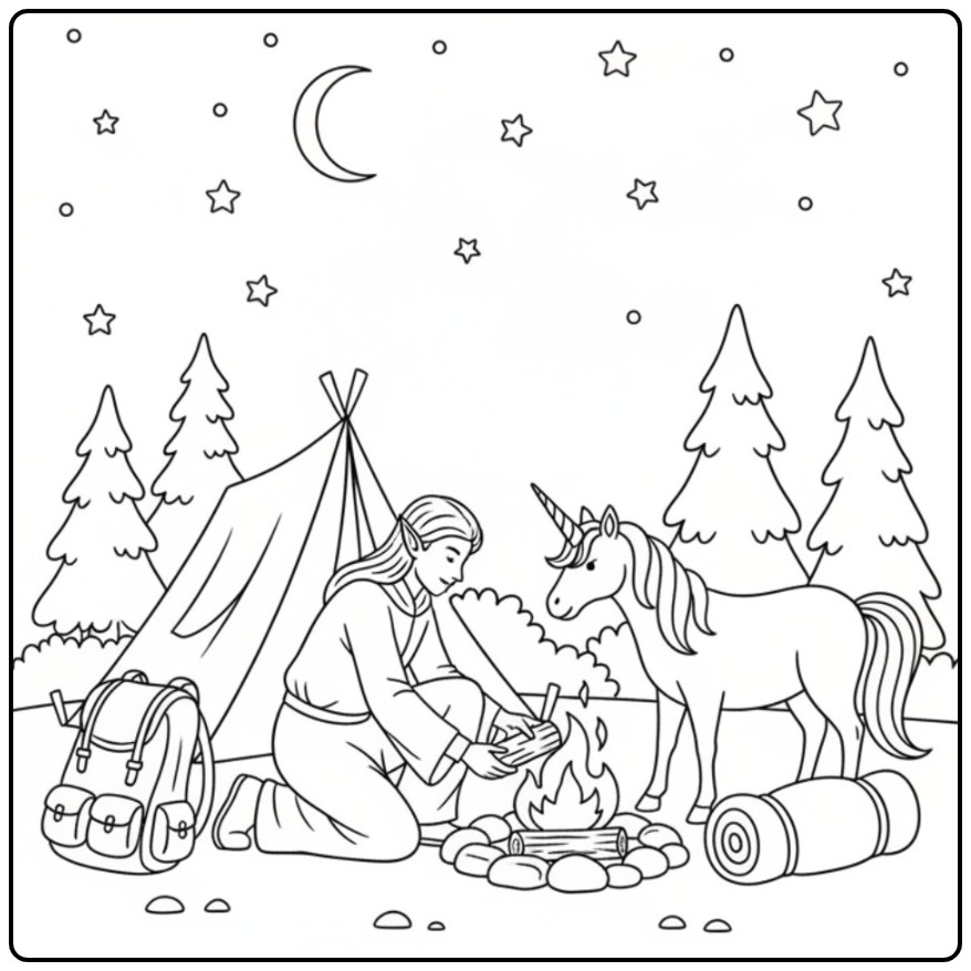 Een gezellige kleurplaat elfje en eenhoorn bij een kampvuur.