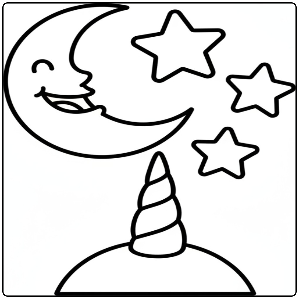 Lachende maan en sterren bij een unicorn hoorn kleurplaat.