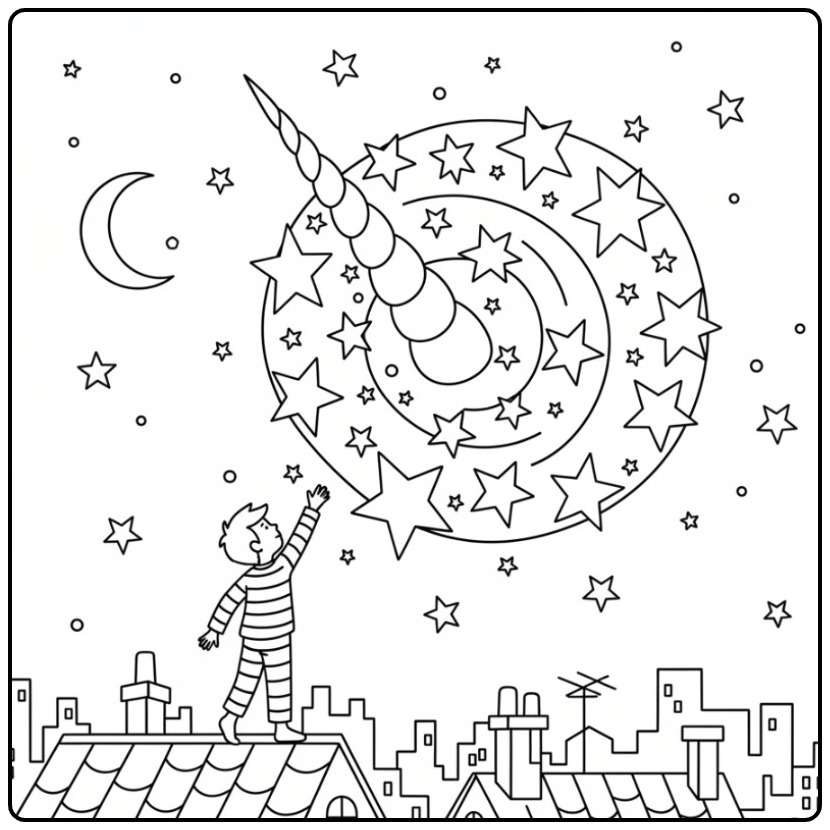 Jongen op een dak met een vliegende unicorn hoorn kleurplaat.