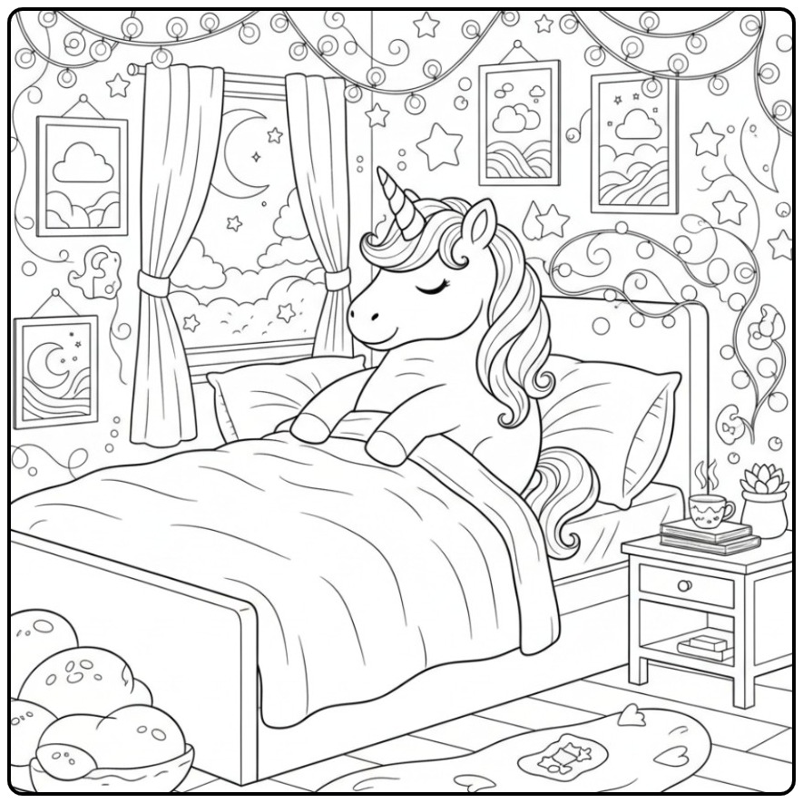 Een slapende kleurplaat eenhoorn schattig in een gezellige bed.