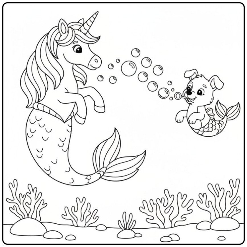Een leuke kleurplaat unicorn zeemeermin en een puppy zeemeermin.