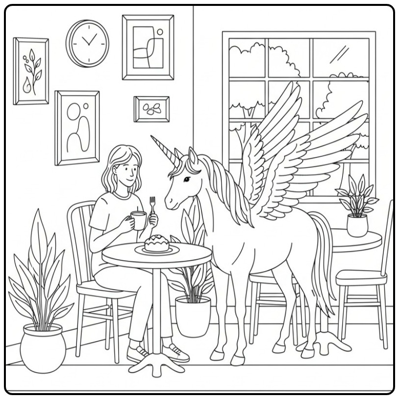 Een meisje in een café met een kleurplaat eenhoorn met vleugels.