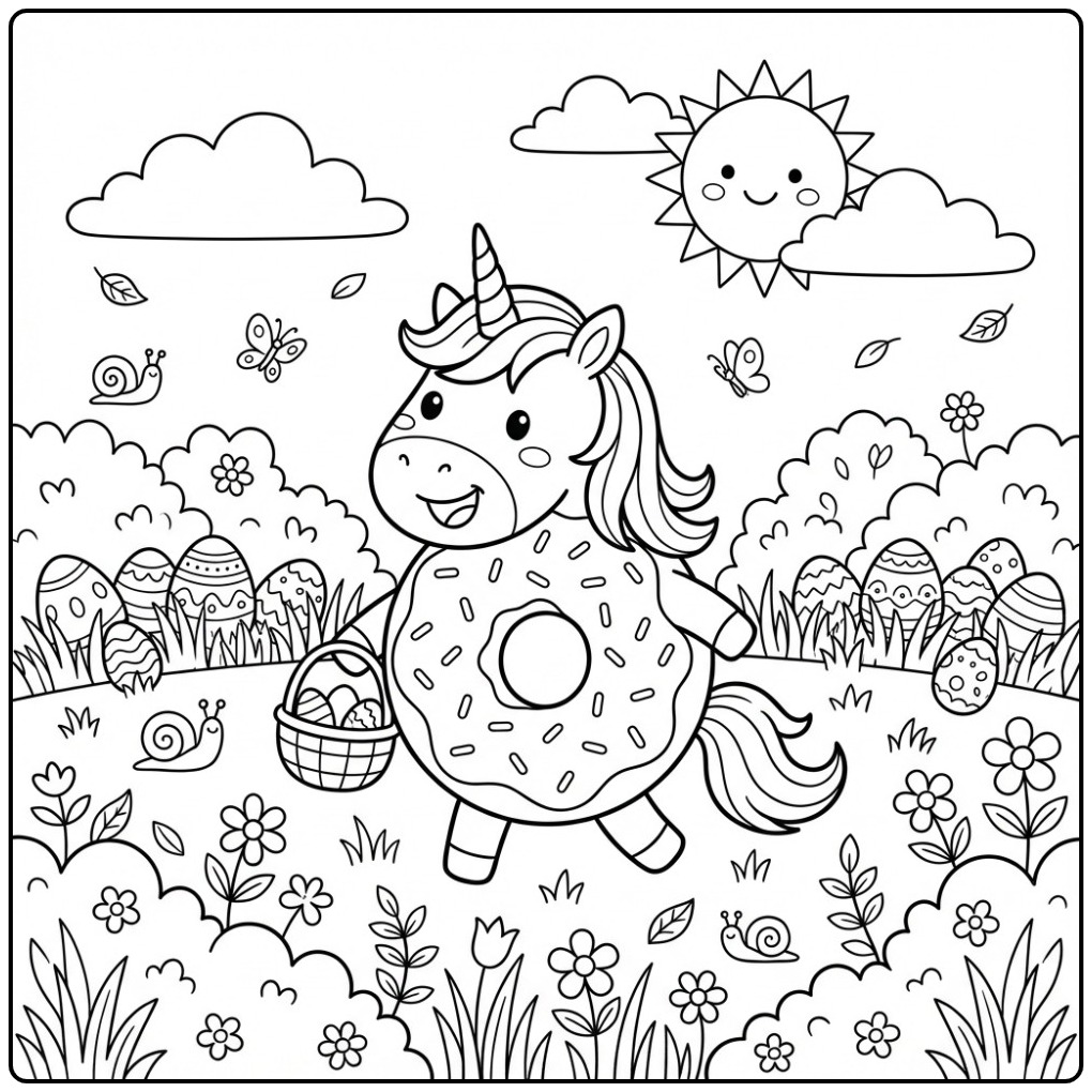 Een vrolijke Pasen donut eenhoorn kleurplaat met een mandje.