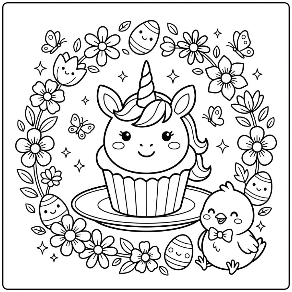 Een vrolijke Pasen eenhoorn cupcake kleurplaat met een kuiken.